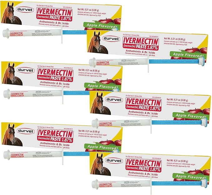 Ivermectin Paste Dewormer for Animals – 1.87% Apple Flavor – 6.08g Oral Dose – 6 Tubes