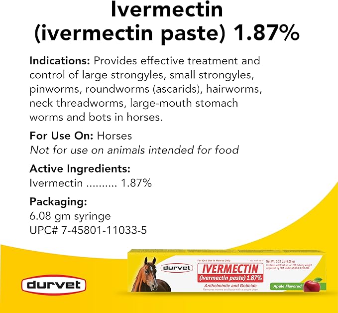 Ivermectin Paste Dewormer for Animals – 1.87% Apple Flavor – 6.08g Oral Dose – 6 Tubes