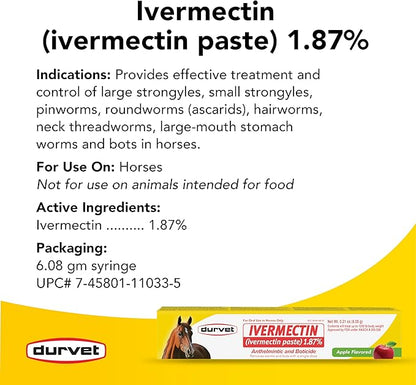 Ivermectin Paste Dewormer for Animals – 1.87% Apple Flavor – 6.08g Oral Dose – 6 Tubes