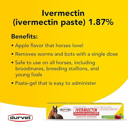 Ivermectin Paste Dewormer for Animals – 1.87% Apple Flavor – 6.08g Oral Dose – 6 Tubes