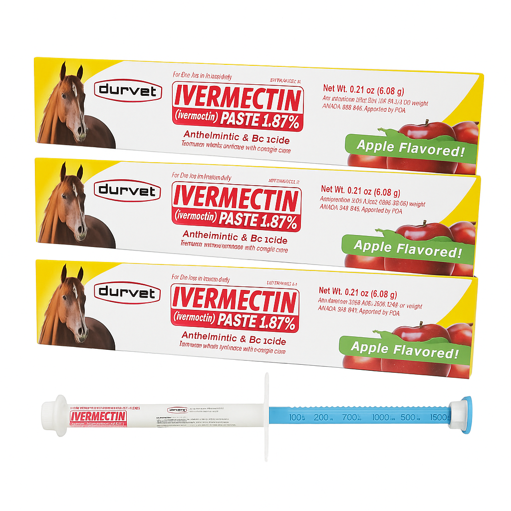 Ivermectin Paste Dewormer for Animals – 1.87% Apple Flavor – 6.08g Oral Dose – 3 Tubes